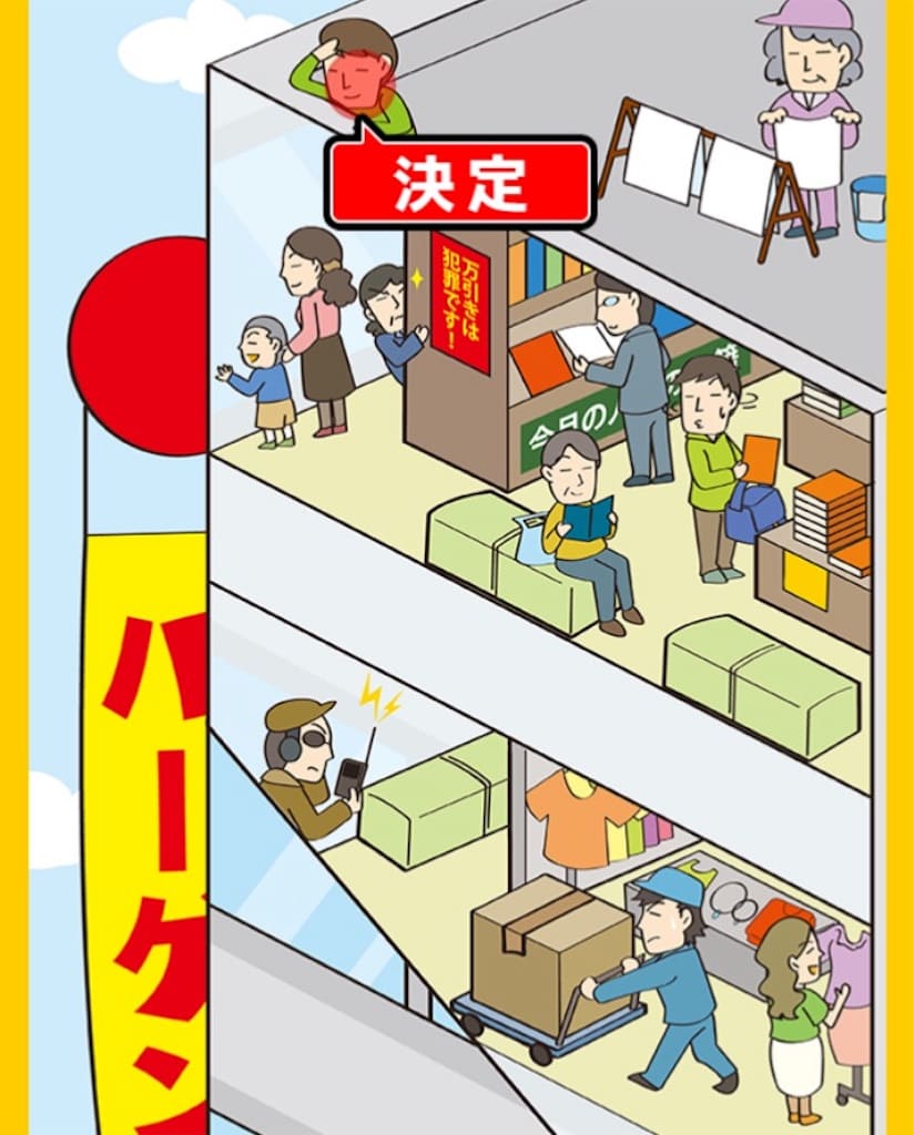 【世にも珍しいアルバイト】 ステージ11「デパート」の問題.02「今日も見てます」の答え