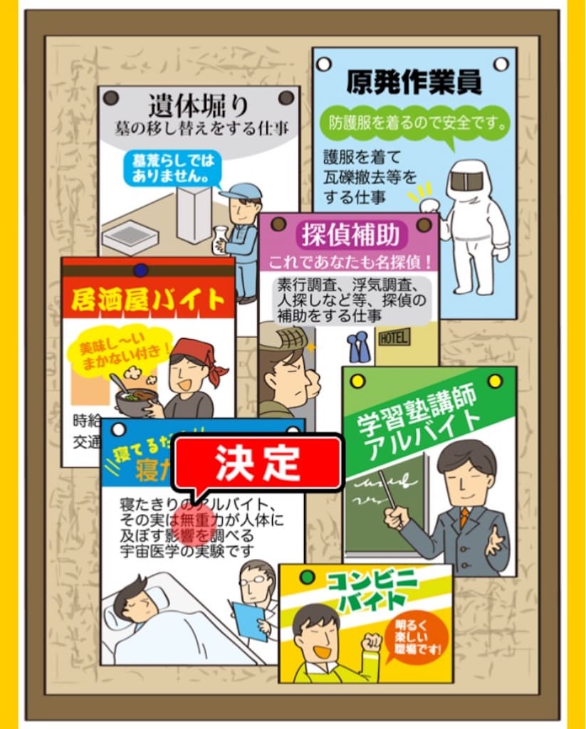 【世にも珍しいアルバイト】 ステージ04「怪しい張り紙」の問題.02「キャッチコピーは「寝てるだけ」」の答え